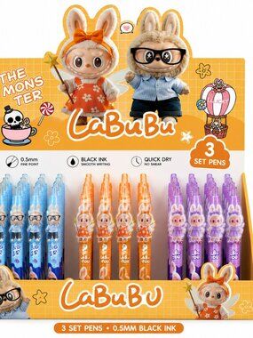 3pc Labubu Character Gel Pen Set 0.5mm Black Ink Cute Pens Stationery Blue